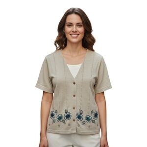 Alfred Dunner Short Sleeve Button-Front Cardigan‎ Floral Embroidery, Size Medium